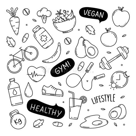 Healthy Lifestyle Cute Doodle Hand Drawn Element And Objects Vector