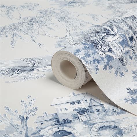 Gold Blue Toile Wallpaper Departments Diy At Bandq Blue Toile