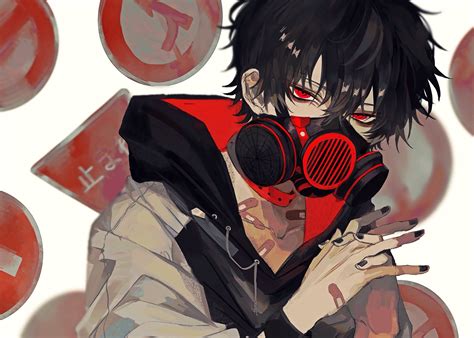 Download 1080x2310 Anime Boy Gas Mask Red Eyes Black Hair Hoodie