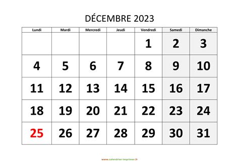Calendrier Décembre 2023 à Imprimer