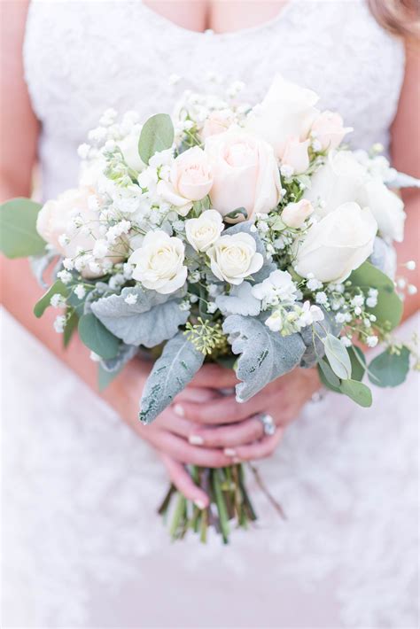 Light Pink And White Bouquet With Roses Babys Breath And Greenery
