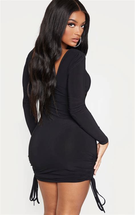 Shape Black Ruched Long Sleeve Bodycon Dress Prettylittlething Usa