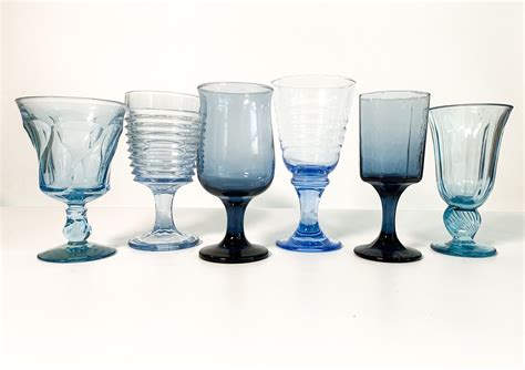 2nd Time Around Vintage Set 6 Blue Goblets Heavy Glasses Unique Retro Collection Combination