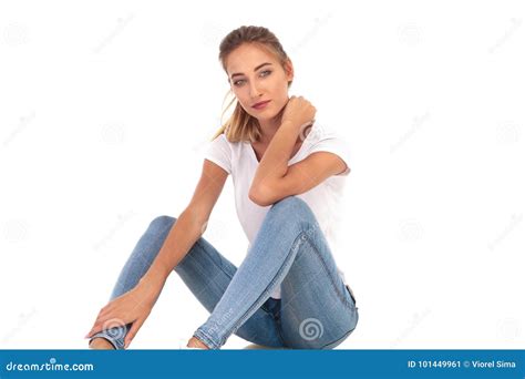 Young Casual Seated Woman Relaxing Stock Image Image Of Fashion