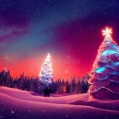 Winter Christmas Landscape Magical Fairy Light Christmas Tree Winter