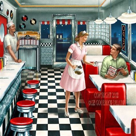 1950s Diner Illustration Cafeteria Retrô Decoração Retro