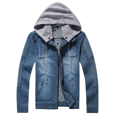 Men Autumn Hooded Denim Jackets Casual Jean Coats Hat Detachable Denim Coats Large Size Men Blue
