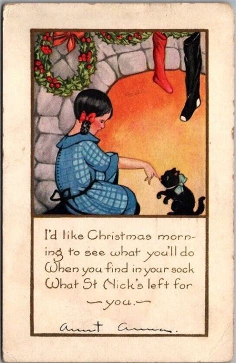 1926 Whitney Christmas Postcard Little Girl And Black Cat In Front Of