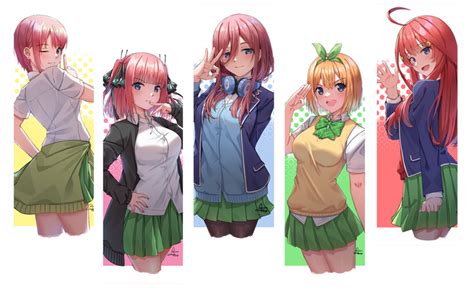 Artwork Nakano Yotsuba Nakano Itsuki 5 Toubun No Hanayome Twins Nakano Miku Fan Art Pink