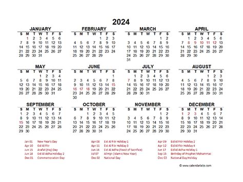 2024 Year At A Glance Calendar With Uae Holidays Free Printable Templates