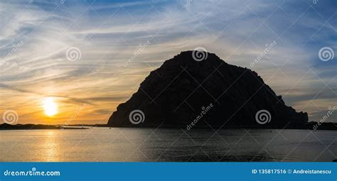 Panoramic View Of Morro Rock At Sunset Morro Bay California Stock