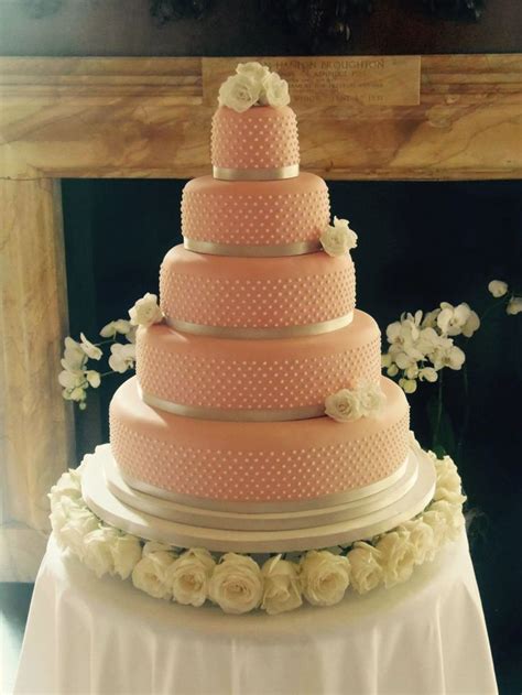 Peach Wedding Cake Piped Sugar Pearls And Sugar Roses On A Bespoke White