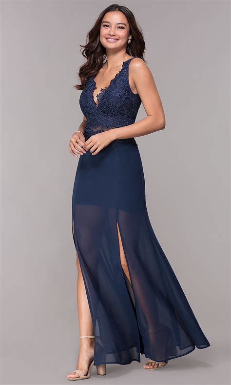 Long Semi Formal Dress With Lace Applique Bodice