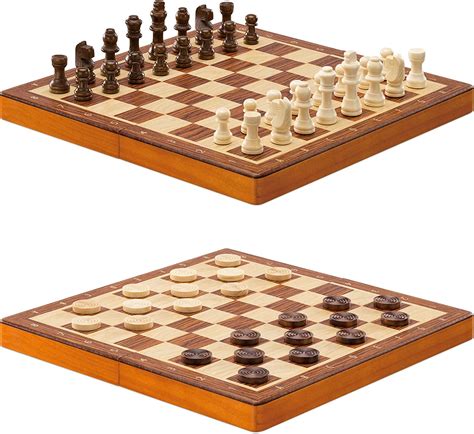 Navaris Wooden Chess And Draughts Set Portable Travel Wood Folding