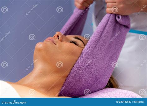 Relaxing Massage European Woman Getting Head Massage In Spa Salon Side View Stock Image
