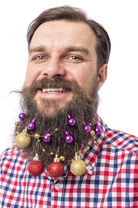 Closeup Portrait Of A Funny Man With Decoration Balls In His Beard