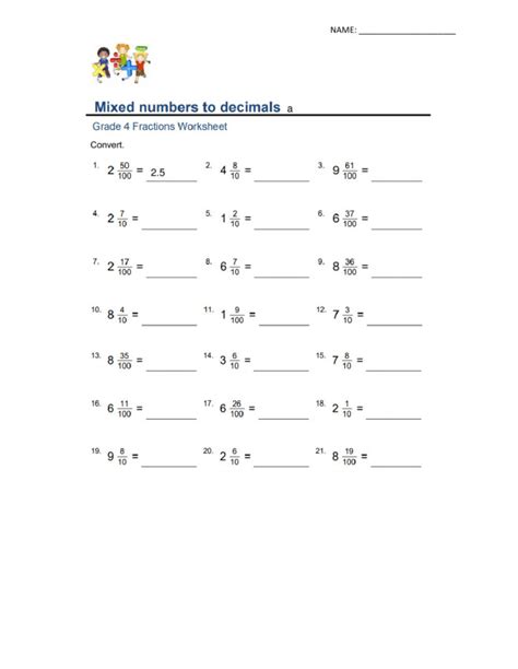 Grade 7 Decomposition Of Mixed Numbers And Decimals Worksheet Pdf