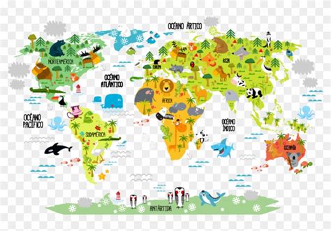 Vinilo Infantil Mapamundi Animal World Map Doodle On Wall Hd Png