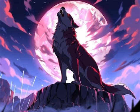 Premium Ai Image Anime Wolf Howling At The Moon With A Full Moon In