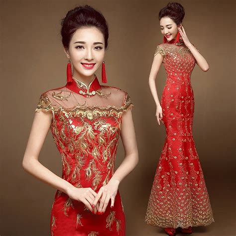 Chinese Style Gold Thread Tulle Lace Fabric Embroidery Phoenix Cheongsam Evening Dresses Long