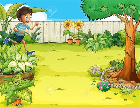 Illustration Of A Boy Running At The Backyard Садовые иллюстрации