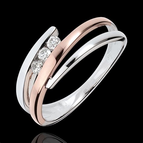 Engagement Ring Precious Nest Triple Diamonds Pink Gold White Gold