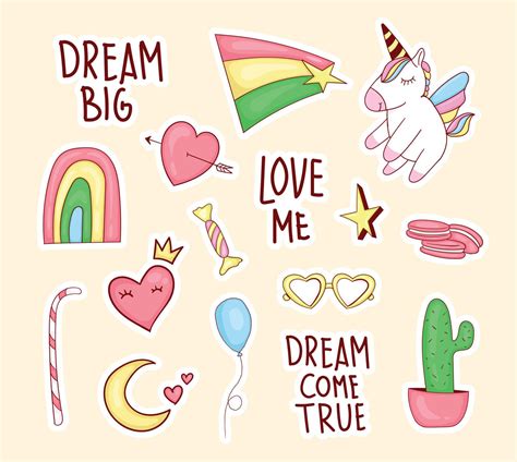 Set Of Colorful Cute Unicorn Stickers With Some Cute Elements 4339749