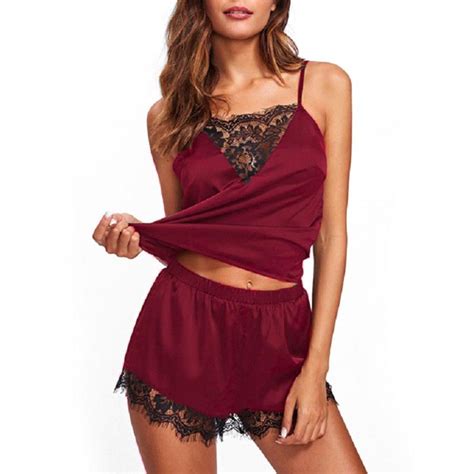 Buy Sexy Women Pajama Suit Spaghetti Strap Deep V Sleeveless Wine Red Summer