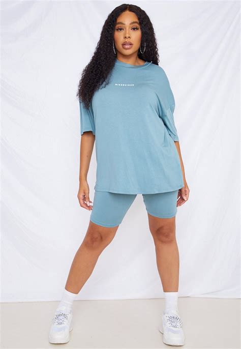 Plus Size Blue Missguided T Shirt And Biker Shorts Co Ord