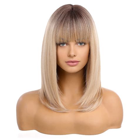 Blonde Wig Blonde Ombre Straight Bob Dark Roots Wigs With Bangs