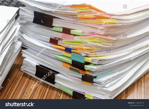 Close Pile Unfinished Paperwork On Teachers Stock Photo 1194605179
