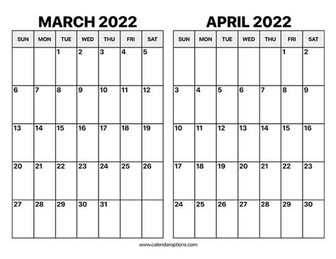 March And April 2022 Calendar Calendar Options
