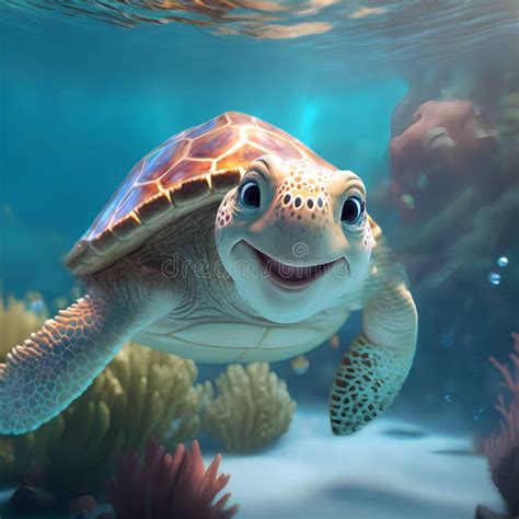 A Cute Cartoon Smiling Sea Turtle Swims In The Blue Oceanunderwater