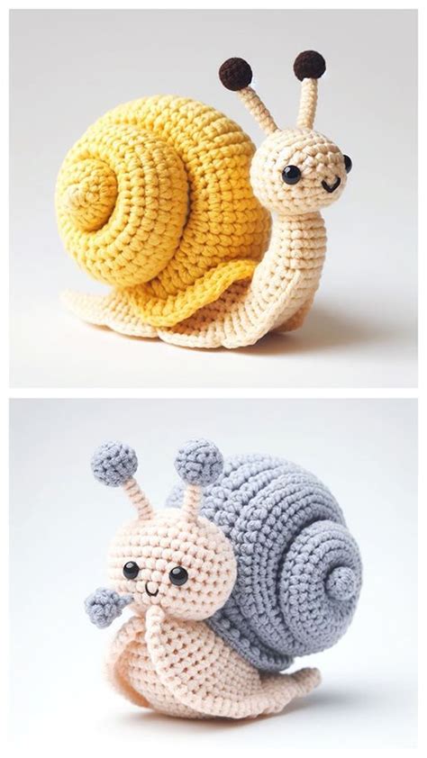 Two Crocheted Snails Are Sitting Next To Each Other
