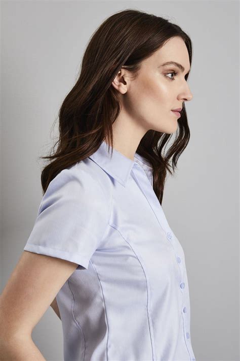 Womens Prestige Short Sleeve Shirt Blue Herringbone Herringbone