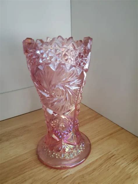 Vintage Le Smith Pink Sawtooth Carnival Glass Aztec Heritage Iridescent Vase 25 00 Picclick