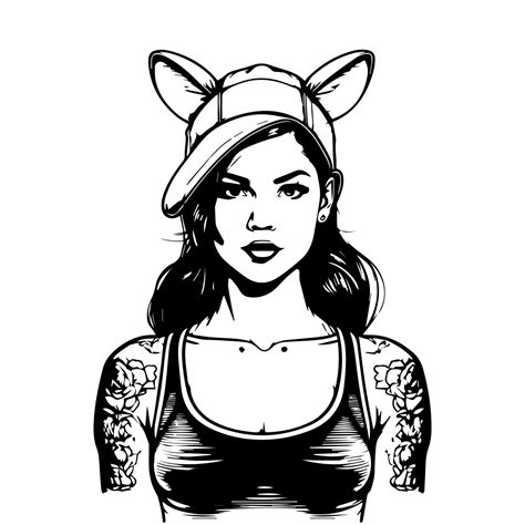 A Stylish Chicano Girl Wearing Bunny Hat In Black And White Rendered In Intricate Hand Drawn