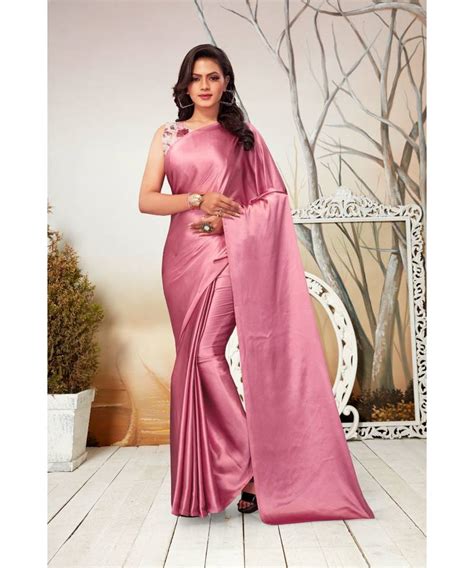 Pink Plain Satin Saree With Blouse Thecrownlady 3548090