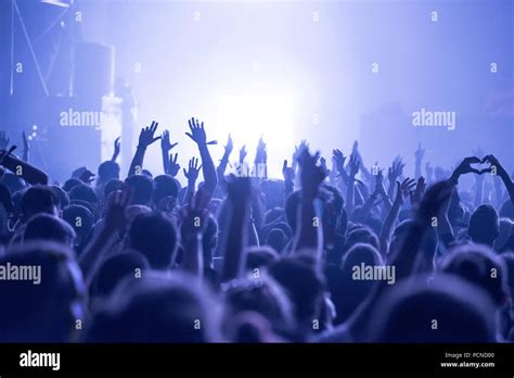 Crowd At A Music Concert Audience Raising Hands Up Stock Photo Alamy