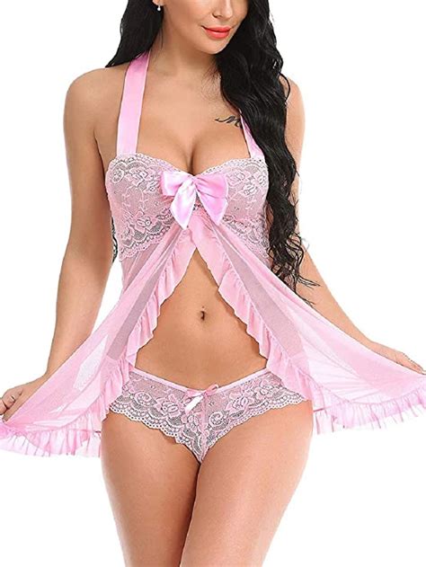 Tuopuda Women S Sexy Lace Halter Mesh Babydoll Lingerie Backless