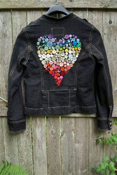 Handmade Denim Jacket Upcycled Rainbow Vintage Button Art