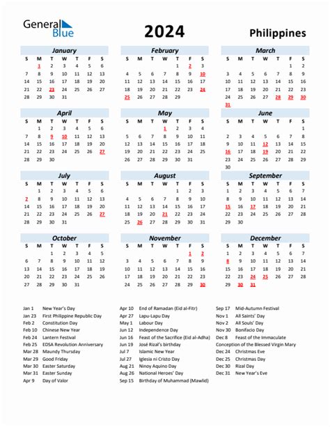 Printable Calendar 2024 With Holidays Philippines Free Download