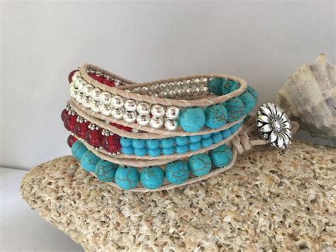 leather turquoise silver wrap bracelet turquoise and red etsy