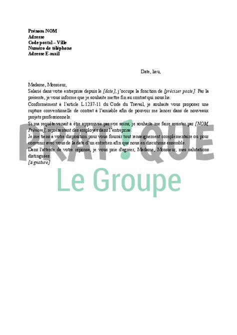 Lettre De Demande De Rupture Conventionnelle Du Contrat De Travail