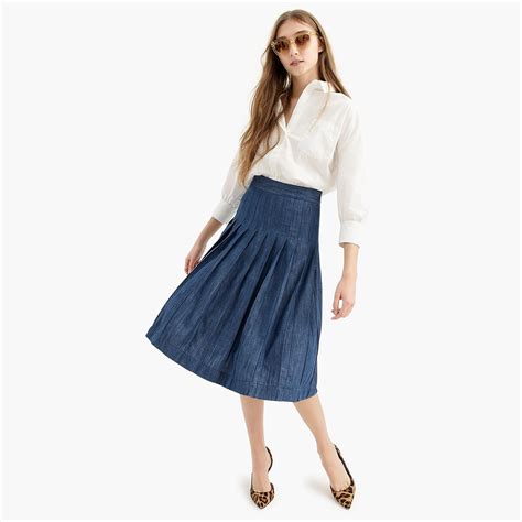 Jcrew Cotton Pleated Chambray Midi Skirt In Blue Lyst