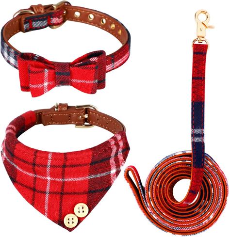 3 Pcs Bow Tie Dog Collar And Leash Set Adjustable Plaid