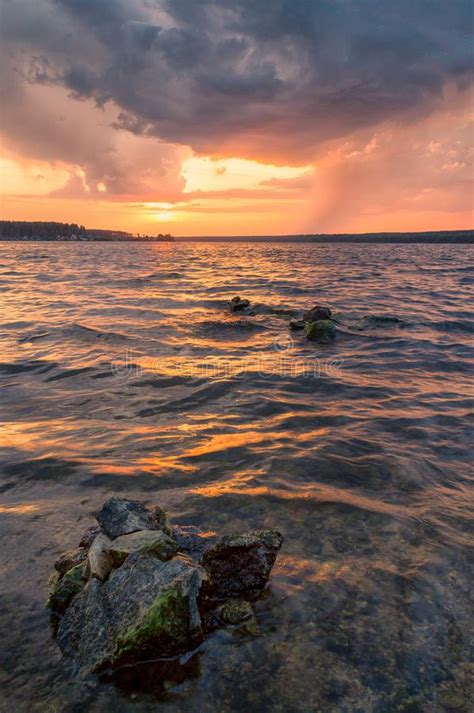 Summer Storm On The Lake In A Beautiful Sunset Stock Photo Image Of