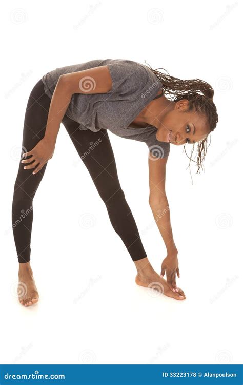 Woman In Gray Shirt Fitness Stretch Bend Down Stock Photo Image