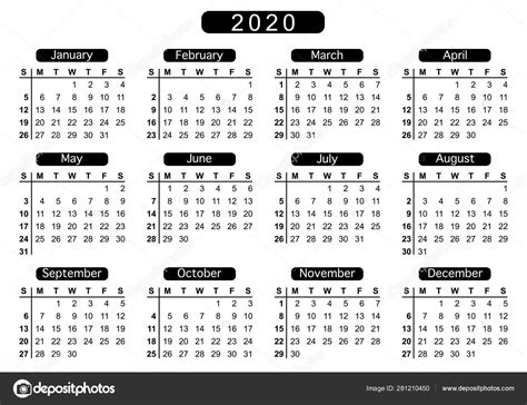 Calendar 2020 Week Starts Sunday Basic Business Template Vector