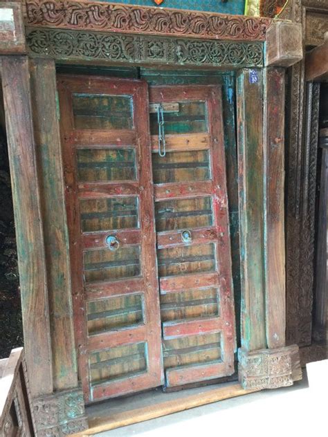 Antique Double Doors Carved Red Green Reclaimed Solid Frame Teak Doors